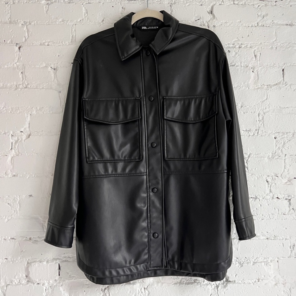 Zara black faux leather oversized shirt size small